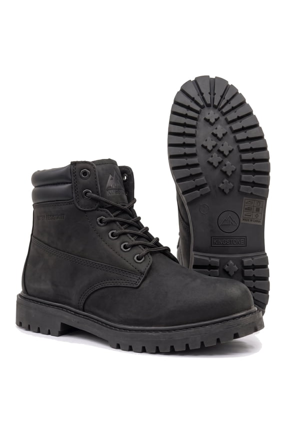 Men Black Round Toe Work Boots Water Resistant Construction Shoes Rugged Slip Resistant Sole