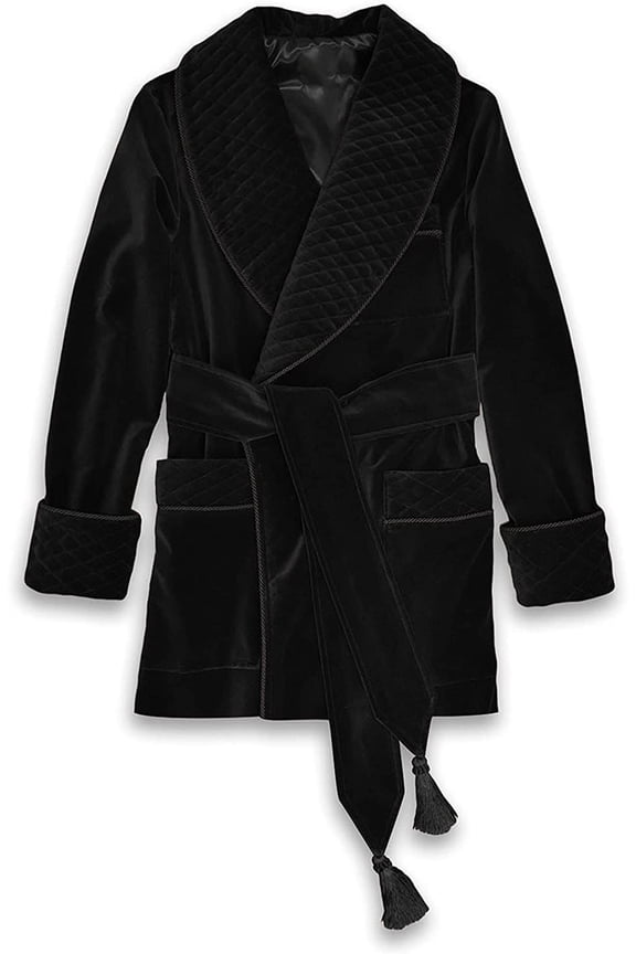 Men Black Smoking Jacket Cocktail Luxury Party Wear Black Velvet Blazer with Quilted Lapel Dinner Jacket (S) 