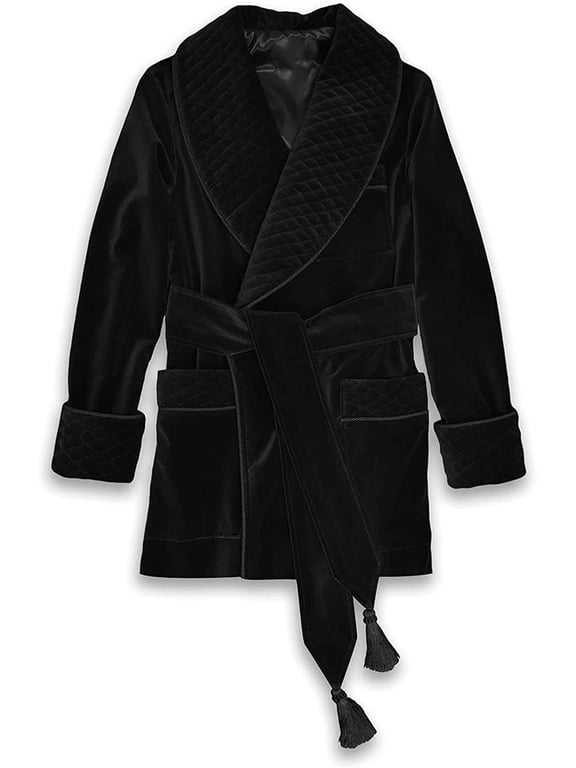 Men Black Smoking Jacket Cocktail Luxury Party Wear Black Velvet Blazer with Quilted Lapel Dinner Jacket (S) 