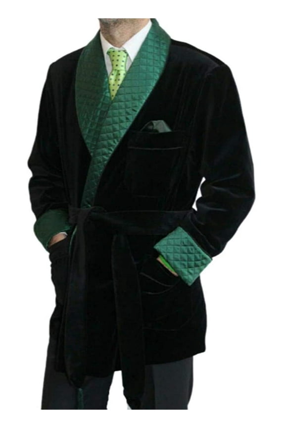 Men Black Smoking Jacket Robe Velvet Quilted Dinner Coat