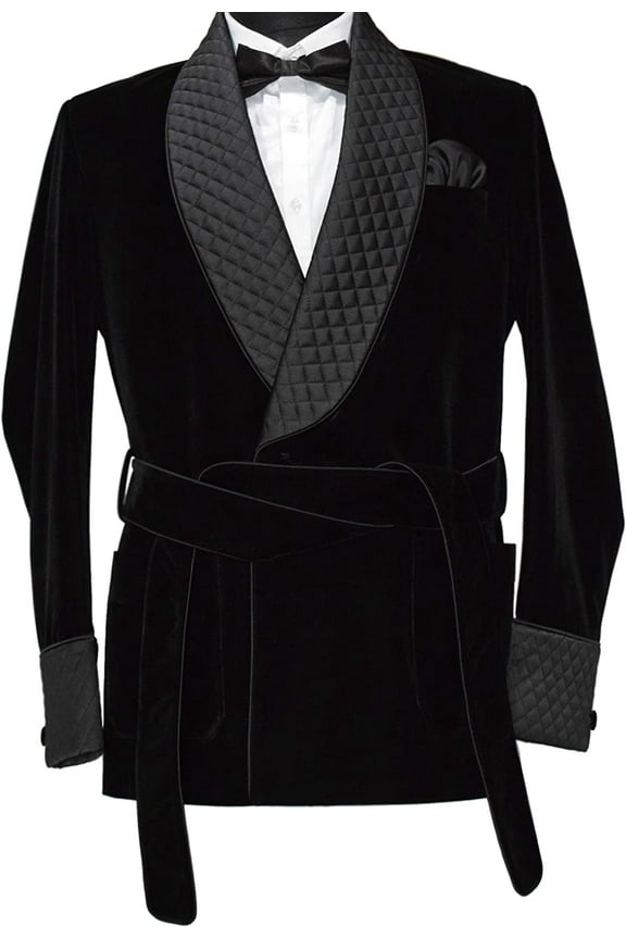 Men Black Smoking Jackets Designer Quilted Wedding Belted Party Wear Wedding Blazers