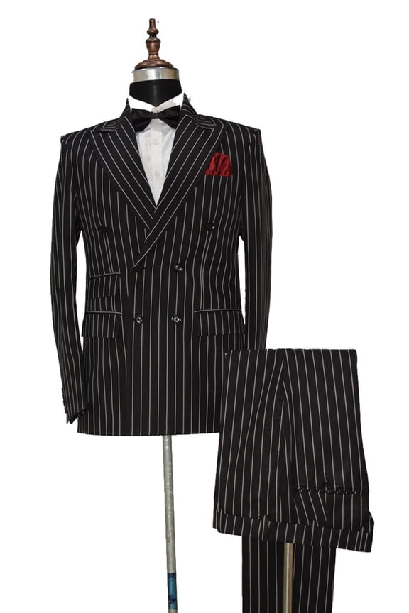 Men Black Stripe Suits Double Breasted Wedding Dinner Party Wear Suits