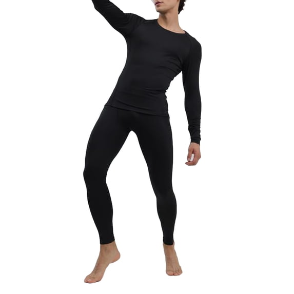 Men Black Thermal Underwear Set Knit Slim Fit Top Pants Soft Base Layer ...