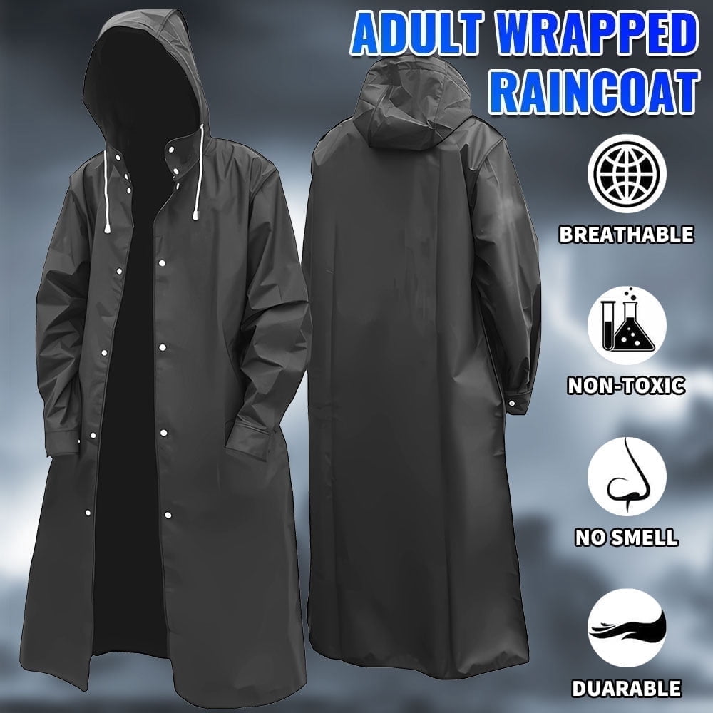 Men Black Waterproof Long Raincoat Rain Coat Hooded Trench Jacket