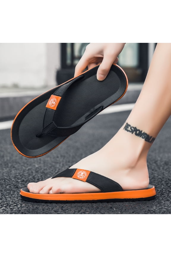 Men Black Woven Fabric Thong Flip Flops Orange Contrast Edge Embossed Logo Lightweight Non-Slip Beach Slippers