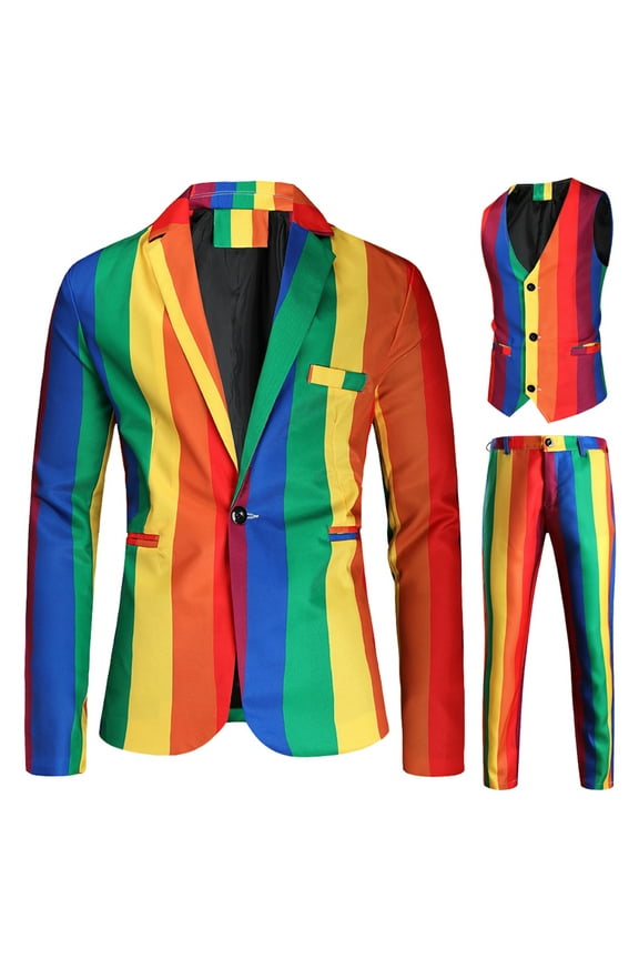 Men Blazer Slim Fit Rainbow Print Suit Jacket Vest and Suit Pants Evening Party Dinner Formal Wear 3 Pcs Set