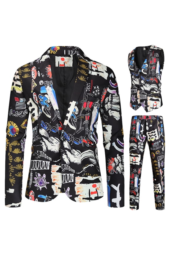 Men Blazer Slim Fit Rainbow Print Suit Jacket Vest and Suit Pants Evening Party Dinner Formal Wear 3 Pcs Set