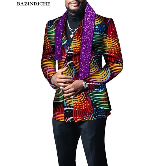 Men Blazer with Scarf Riche Jacket Coat Outerwear Full Sleeve African Party Clothing
