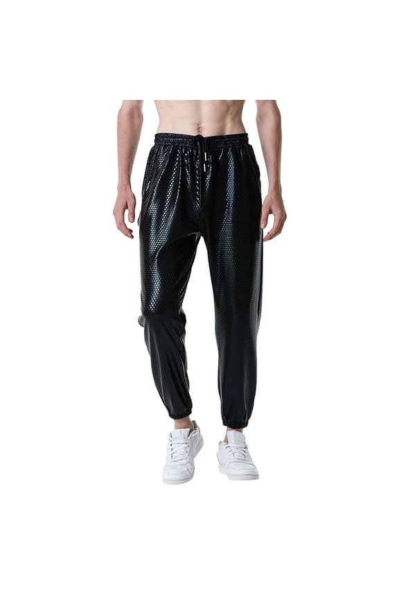 Men Blouses Male Casual Scale Print Pants Drawstring Pocket Leggings Pant Trousers Black M