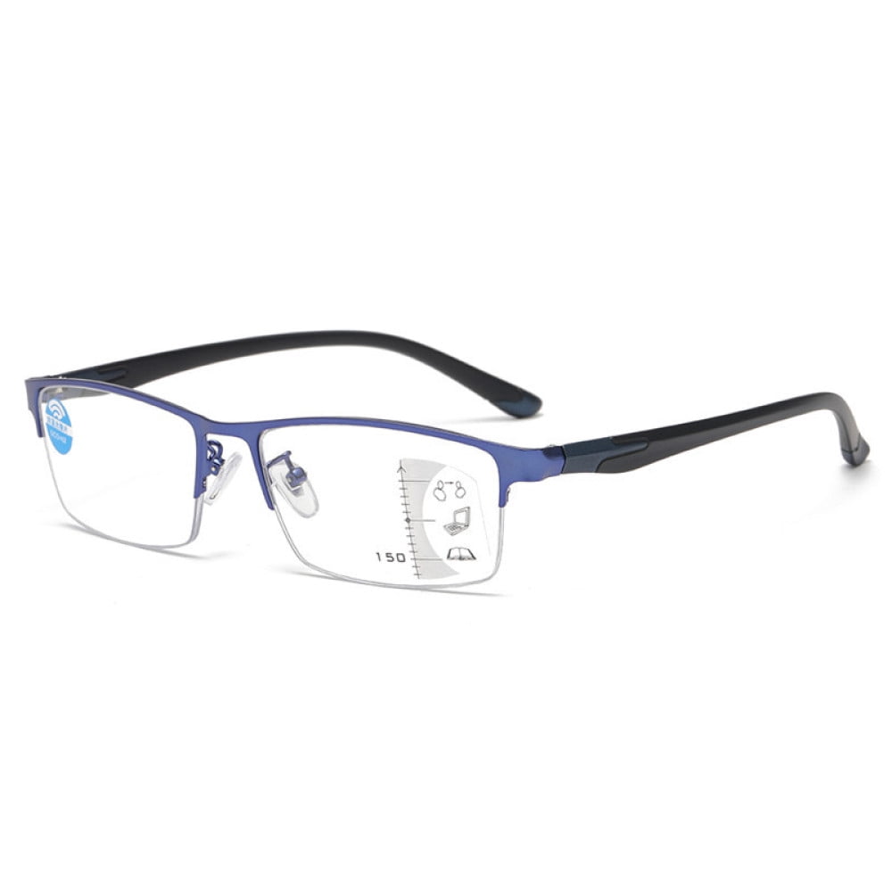 Men Blue Frame Progressive Reading Glasses 2.50, Metal Rectangle Half Rimless Business Multifocus Readers +2.50 Strength (Not Photochromic)