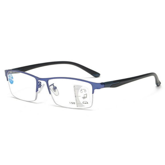 Men Blue Frame Progressive Reading Glasses 2.50, Metal Rectangle Half Rimless Business Multifocus Readers +2.50 Strength (Not Photochromic)