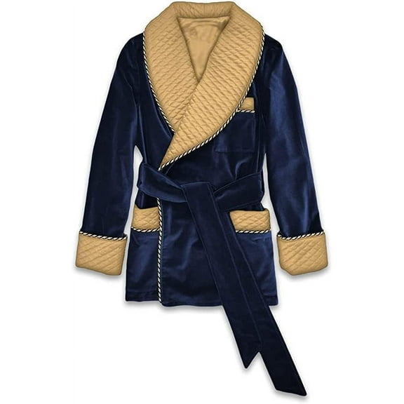 Men Blue Smoking Jacket with Golden Blue Robe Smoking Jacket Coats Quilted Dinner Party Wear Cigar Robe 