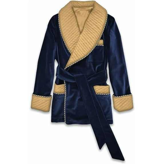 Men Blue Smoking Jacket with Golden Blue Robe Smoking Jacket Coats Quilted Dinner Party Wear Cigar Robe