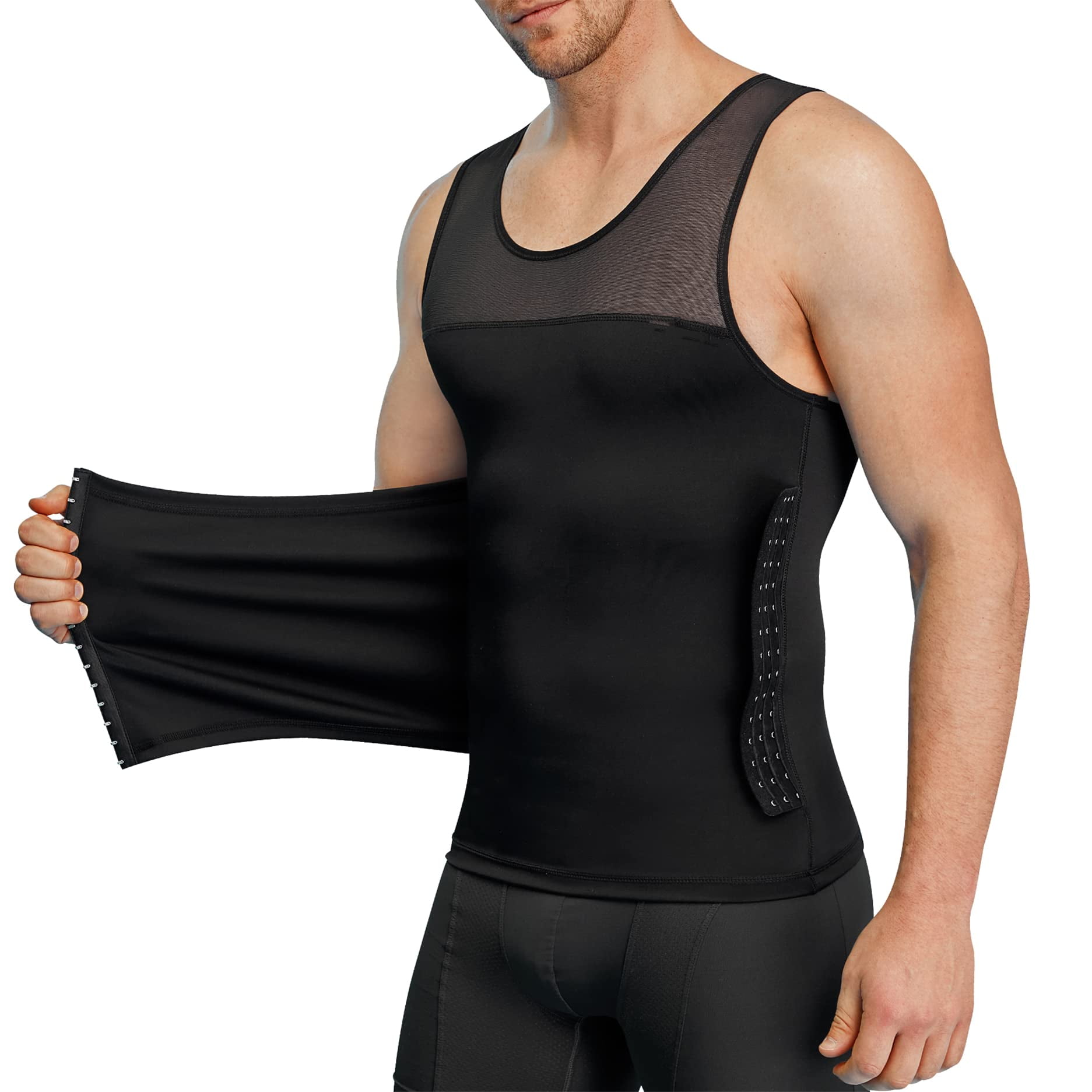 Men Body Shaper Slimming Vest Tight Tank Top Compression Shirt Tummy  Control Underwear Moobs Binder (Black, L) 