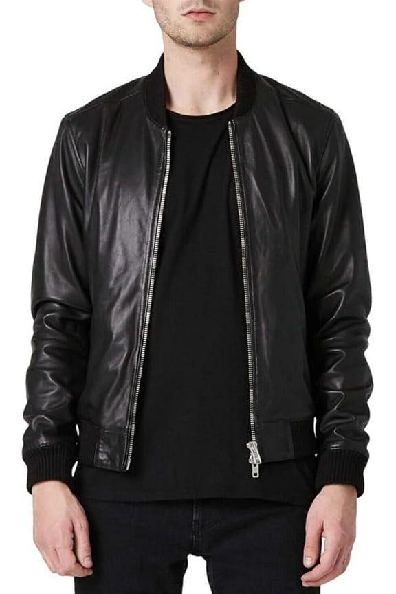 Men Bomber Black Leather Jacket Genuine Leather Jacket Front zipper closing A312