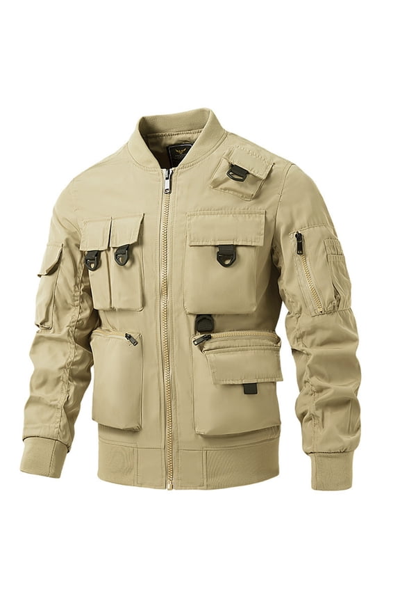 Men Bomber Jacket Military Jacket with Multi Pockets (Khaki XXXS)