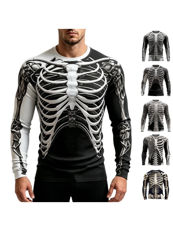 Men Bone Top 3D Skeleton Print Crewneck Long Sleeve T-Shirt Party Holiday Shirt