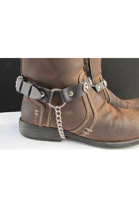 Men Boot Silver Chain Pair Leather Straps Star Charms Biker Rocker