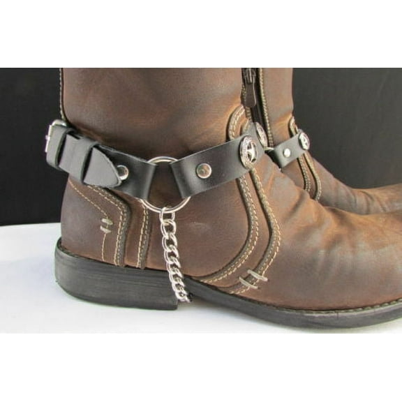 Men Boot Silver Chain Pair Leather Straps Star Charms Biker Rocker