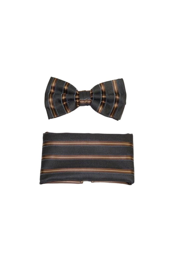 Men Bow Tie Hankie J.Valintin For Formal or Business #BT22 Gray Brown Stripe