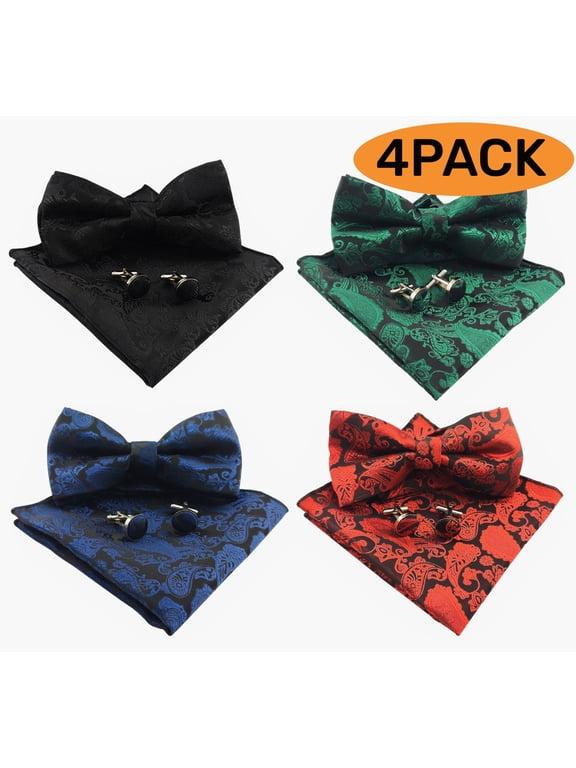 Men Bow Ties Paisley Bow Ties Set Pre-Tied Adjustable Bowtie with Pocket Square and Cufflinks Unique Gifts for Men Set of 4