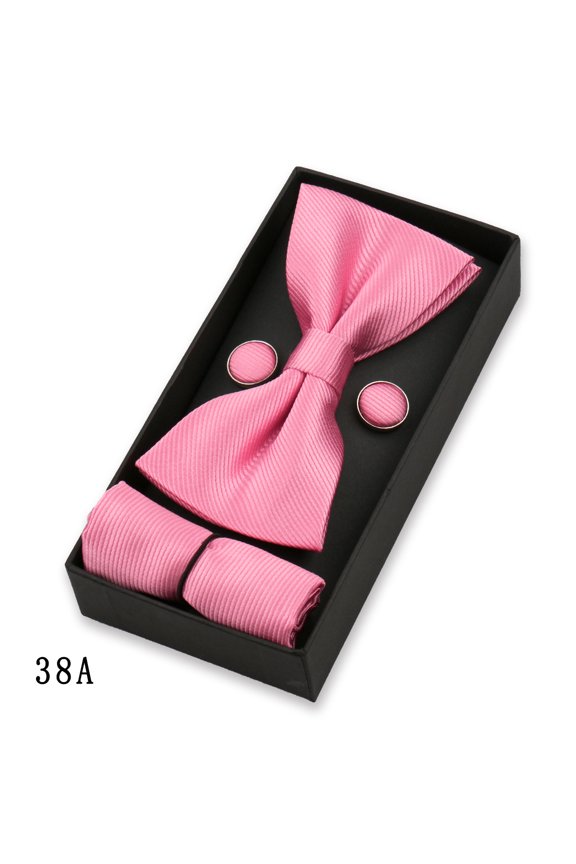 Men Bowtie Cufflink Pocket Square Set Wedding Bow Tie Handkerchief With Box
