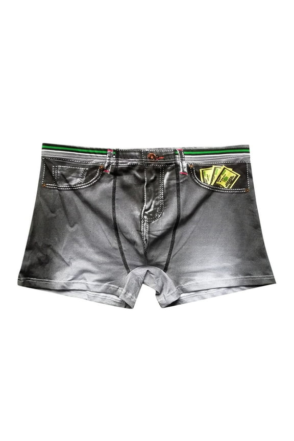 Men Boxer Briefs Jean Cotton Underwear Stretch Denim Print Breathable Thin Underpants Black XL