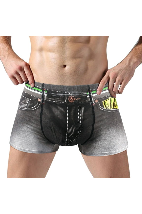 Men Boxer Briefs Fake Jean Cotton Underwear Stretch Denim Print Breathable Underpants Shorts Black M