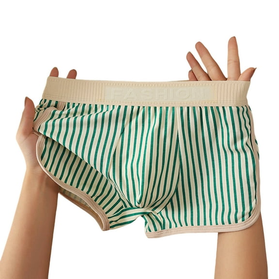 Men Boxer Underwear Mid-rise Elastic Waist Shorts Briefs U-Convex Design Striped Print Breathable Panties