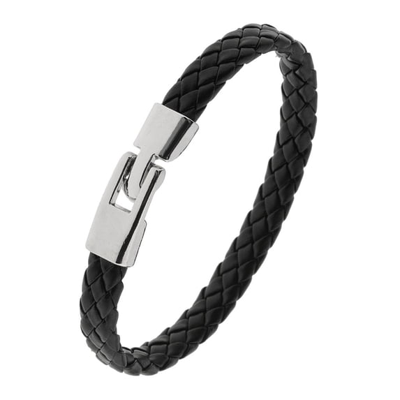 Men Boy Leather Braided Wristband Bracelet Stainless Steel Bangle Wrap Black as described