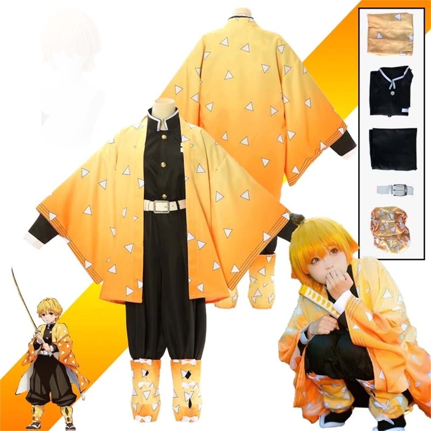 Men Boys Japanese Anime Demon Slayer Costume Kimetsu no Yaiba Agatsuma Zenitsu Halloween Pary