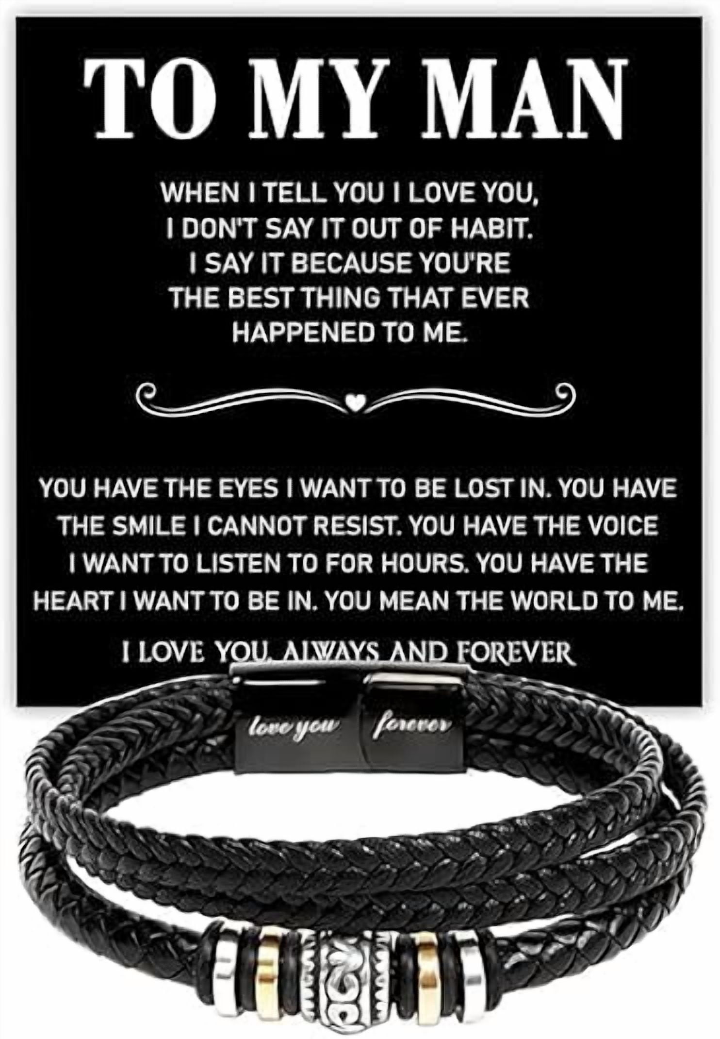 To My Men Bracelet, Birthday Gift for Boyfriend from Girlfriend with Message Card and Gift Box, Anniversary Gift for Husband from Wife, Bracelets for Man, Leather Bracelet for Men