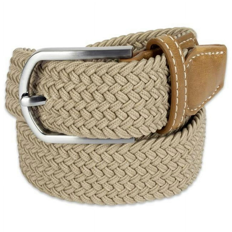 Men Braided Elastic Woven Belt, Khaki Medium