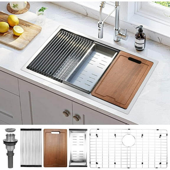 30-inch Kitchen Sink Drop-In, Single Bowl 16 Gauge 304 Stainless Steel Drop-In Sinks with Ledge and Accessories for Workstation, RV, Prep Kitchen, and Bar Sink(30"x 18"x 10")