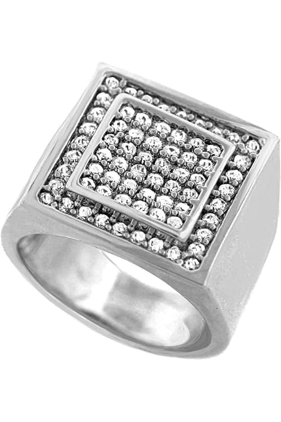 Men Brass Silver Tone Men's Hip Hop Micro Pave D-Square Ring Size 10