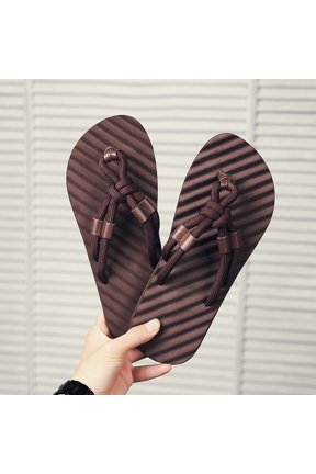 Men Brown Adjustable Rope Strap Wave Massage Insole Flip Flops Outdoor Beach Thong Slippers