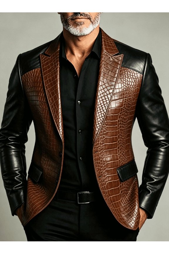 Men Brown Croc Embossed Blazer Black Smooth Sleeve Notch Lapel Two Button All Season Light Business Jacket
