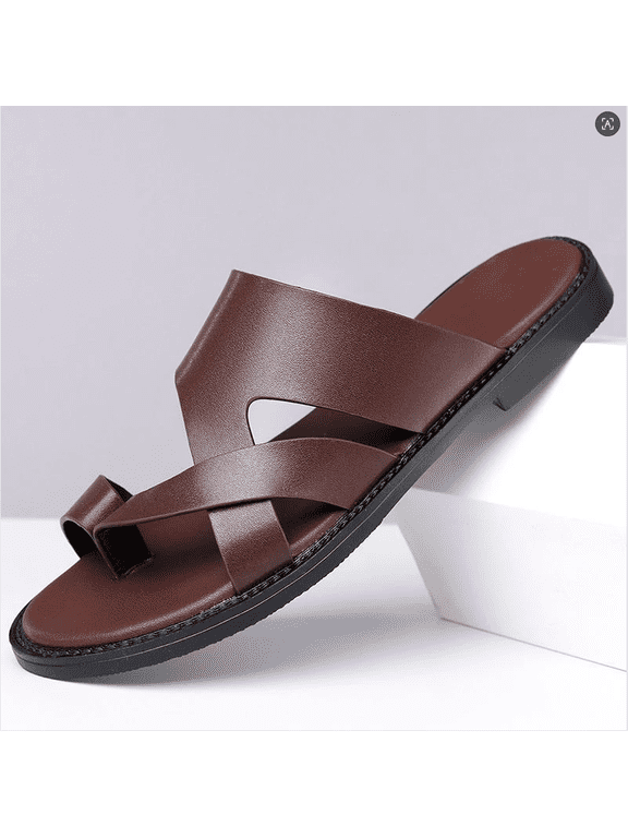 Men Brown Cross Strap Toe Ring Leather Slide Sandals Minimalist Flat Casual Slippers