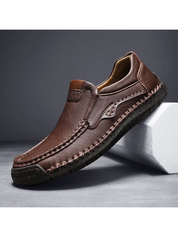 Men Brown Hand-Wrapped Stitch Genuine Leather Slip-On Loafers Soft Lining Non-Slip Wrapped Edge Casual Driving Shoes