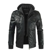 Men Brown Leather Motorcycle Jacket Classic Retro PU Faux Leather Hooded Bomber Jacket Zip Up Winter Thick Rider Coat