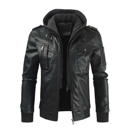 Men Brown Leather Motorcycle Jacket Classic Retro PU Faux Leather Hooded Bomber Jacket Zip Up Winter Thick Rider Coat