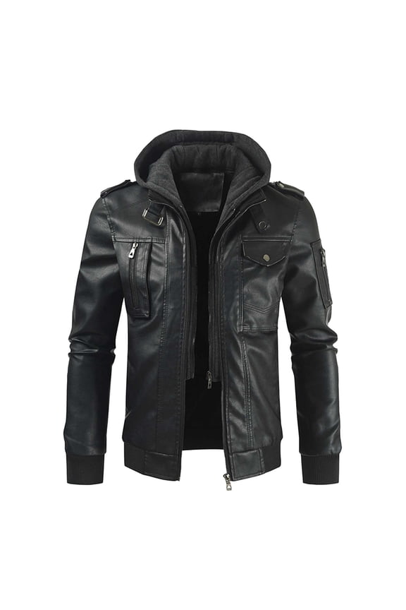 Men Brown Leather Motorcycle Jacket Classic Retro PU Faux Leather Hooded Bomber Jacket Zip Up Winter Thick Rider Coat