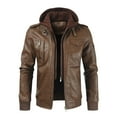 thumbnail image 1 of Men Brown Leather Motorcycle Jacket Classic Retro PU Faux Leather Hooded Bomber Jacket Zip Up Winter Thick Rider Coat, 1 of 5