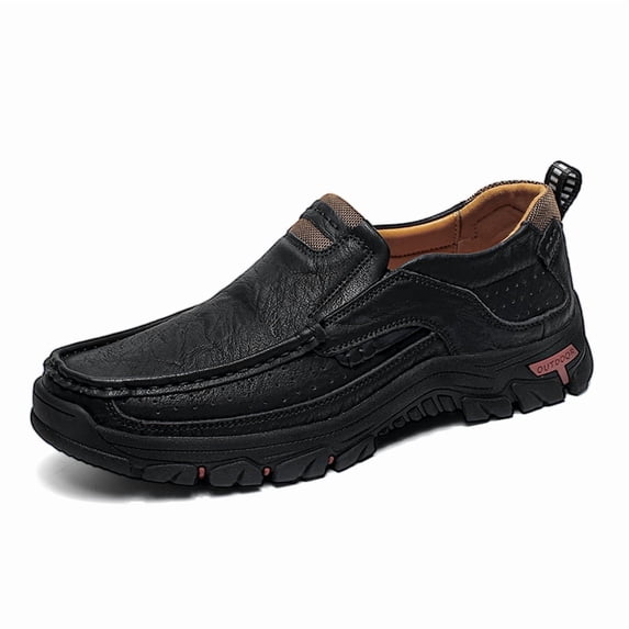 Men Brown Leather Slip-On Outdoor Loafers Hand Stitching Non-Slip Thick Sole Walking Casual Shoes