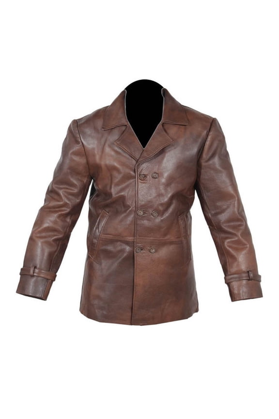 Men Brown Real Leather Jacket Pea Coat
