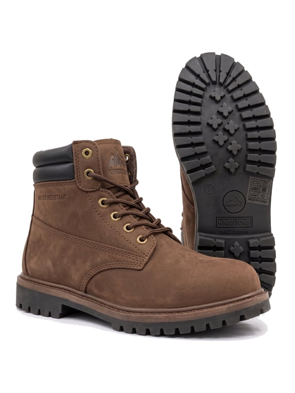 Men Brown Round Toe Work Boots Water Resistant Construction Shoes Rugged Slip Resistant Sole
