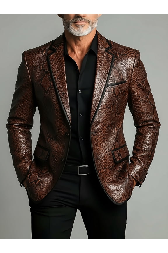 Men Brown Snake Embossed PU Leather Blazer Notch Lapel Two Button Slim Fit Light Business Suit Jacket