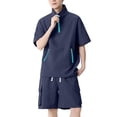 thumbnail image 1 of Men Bubble Textured 2 Piece Outfit Set, Quarter Zip Stand Collar Short Sleeve Jacket and Drawstring Elastic Waist Cargo Pocket Shorts Summer Tracksuit Size 4XL Navy, 1 of 5