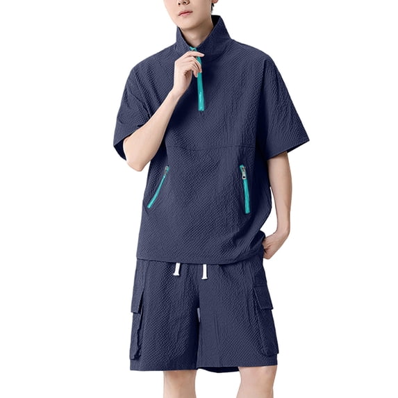 Men Bubble Textured 2 Piece Outfit Set, Quarter Zip Stand Collar Short Sleeve Jacket and Drawstring Elastic Waist Cargo Pocket Shorts Summer Tracksuit Size 4XL Navy