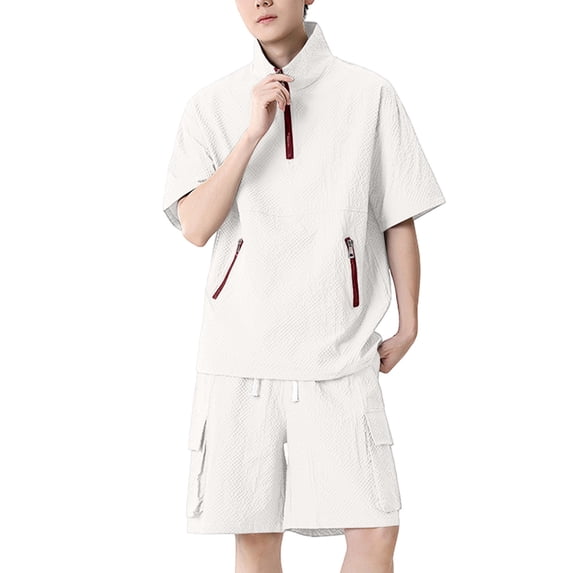 Men Bubble Textured 2 Piece Outfit Set, Quarter Zip Stand Collar Short Sleeve Jacket and Drawstring Elastic Waist Cargo Pocket Shorts Summer Tracksuit Size 4XL White